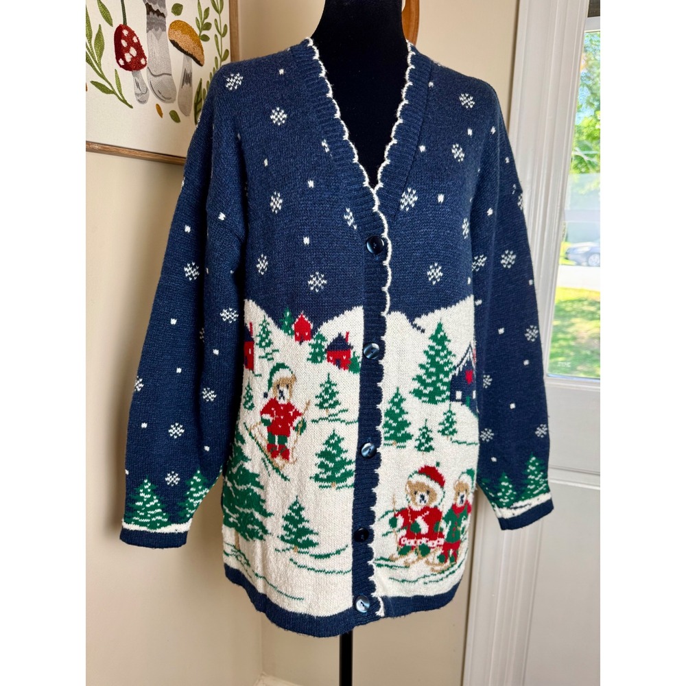Nutcracker Novelty Vintage Christmas Cardigan Skiing Teddy Bears Navy Blue Sz M